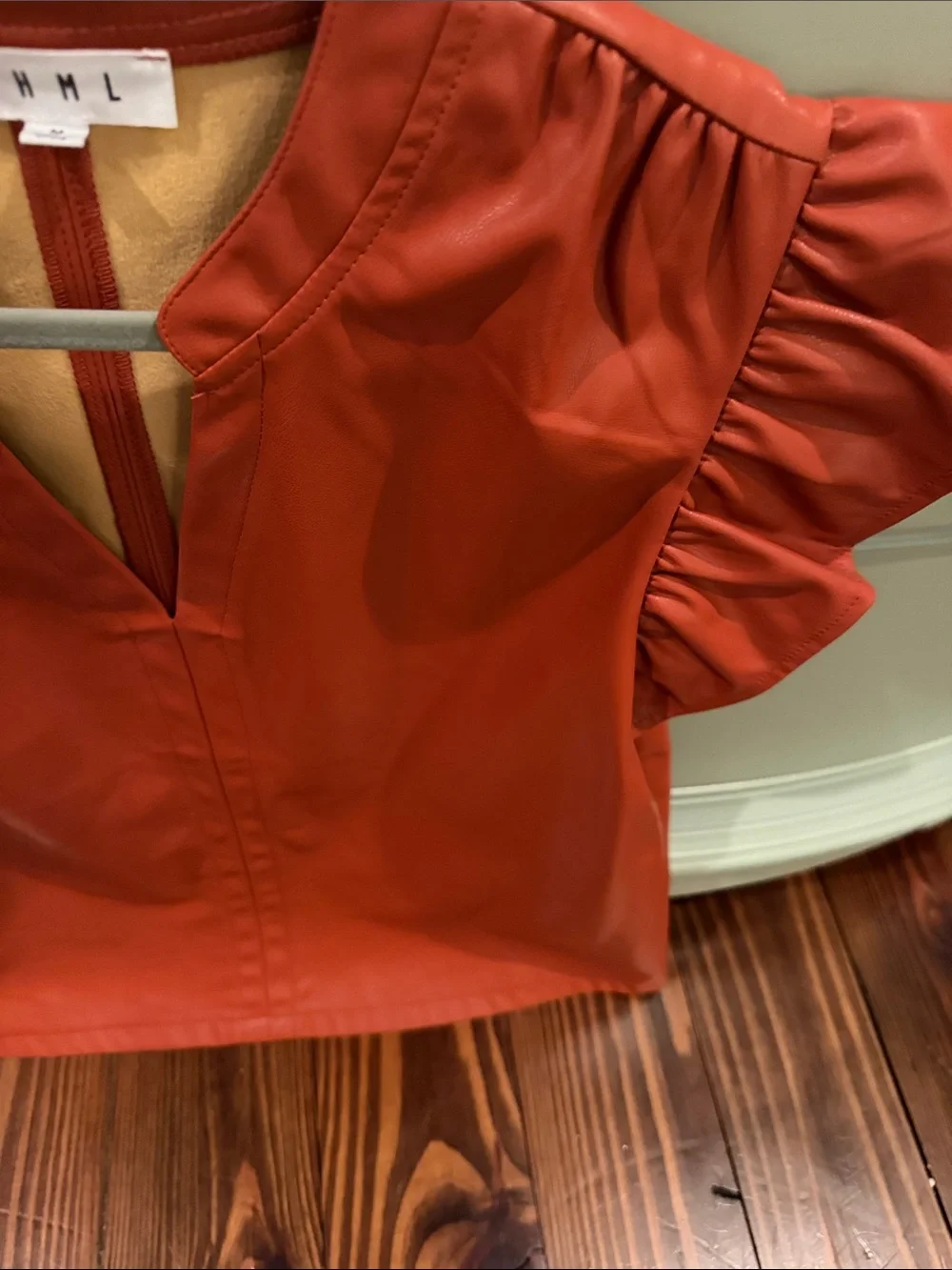 THML Rust Brown Faux Leather Ruffle Sleeve Blouse - Picture 5 of 5